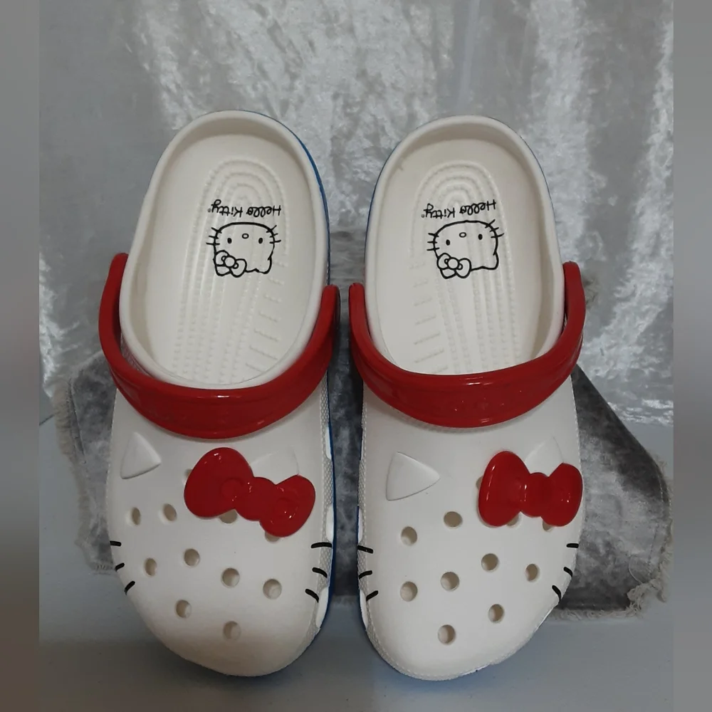 Crocs Hello Kitty New Without Tags Men 7 Women 9 White Red bue - Picture 2 of 14